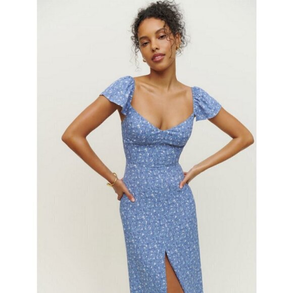 💕REFORMATION💕 Baxley Dress ~ Sweetheart Neckline Eve Blue Floral Print 10 NWT - Picture 3 of 16